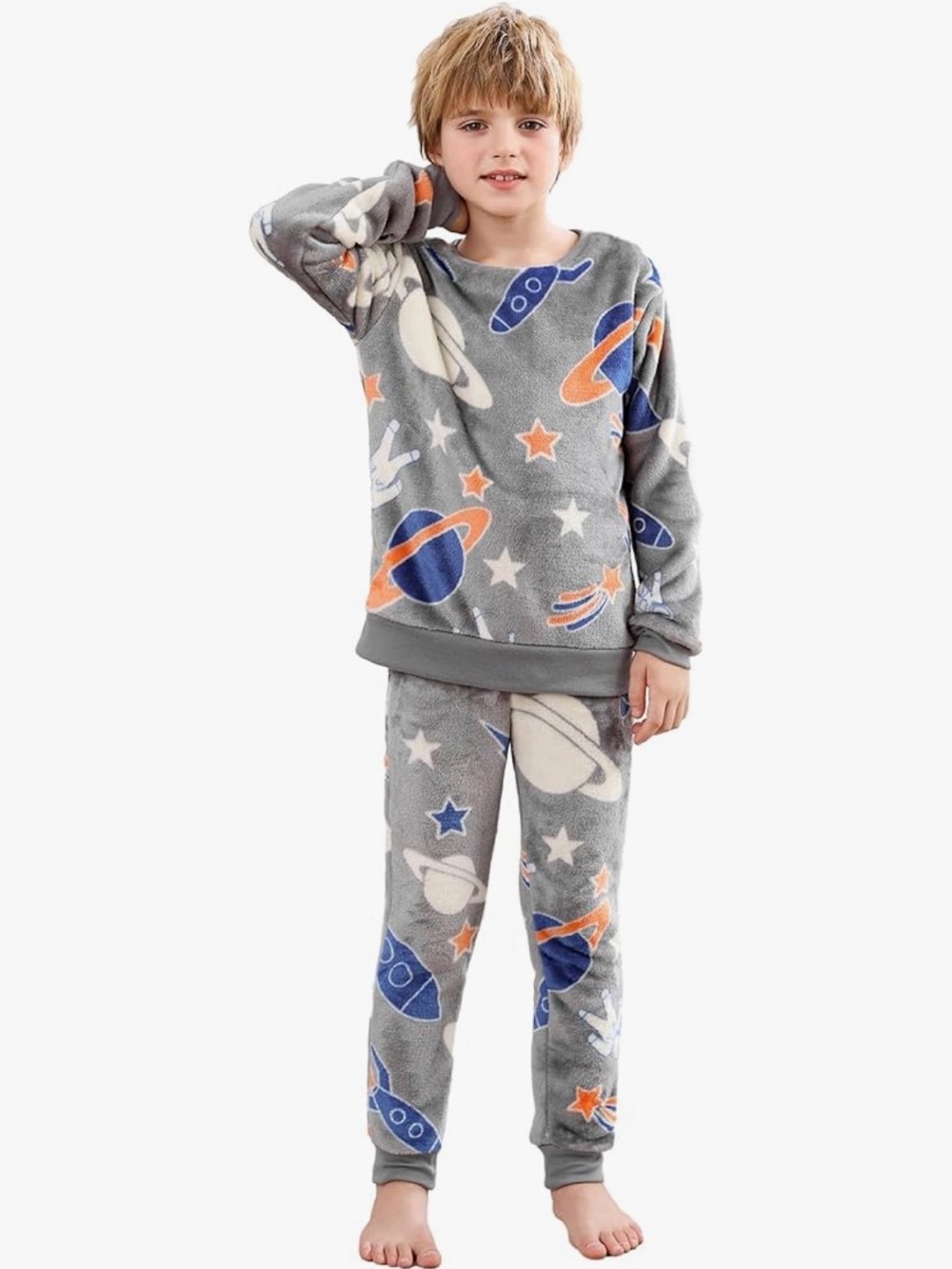 Gray Space Print Kids Pajama Set - Soft Fleece Size 15-16 NWT